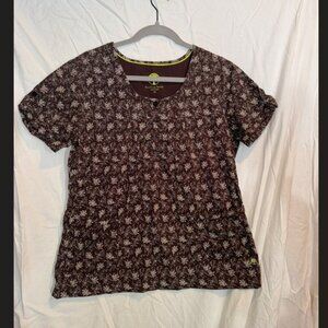 Brown Floral Scrub Top – Healing Hands – Size M
